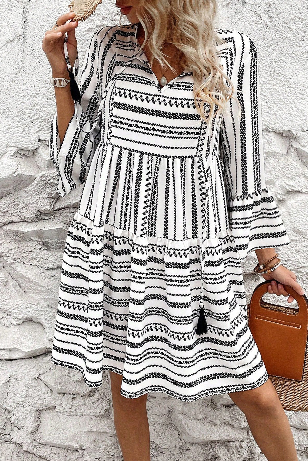 V Neck Mini Dress with Bell Sleeves and Striped Print Mini Dresses MyDresses Black 8 | S 