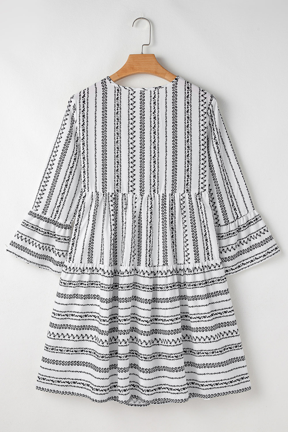 V Neck Mini Dress with Bell Sleeves and Striped Print Mini Dresses MyDresses 