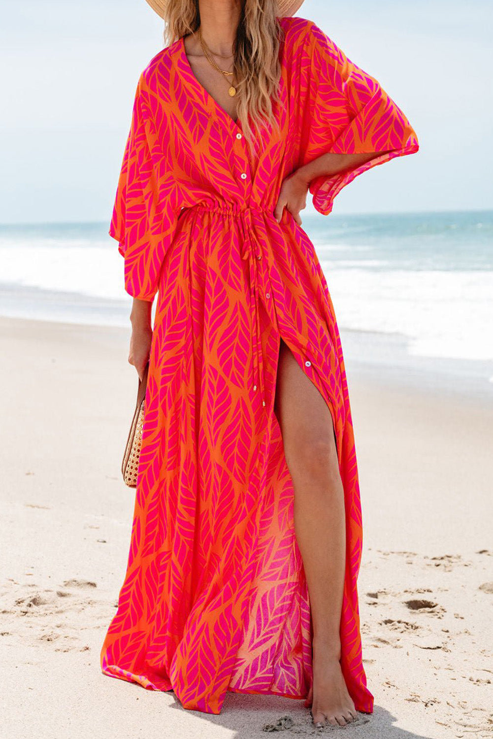 Leafy Print Maxi Dress with V Neck and Buttoned Split Maxi Dresses MyDresses Pink 8 | S 