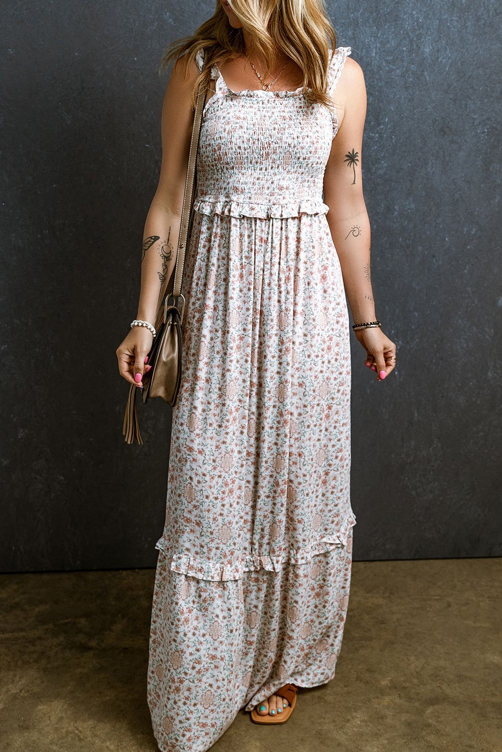 Lace Strap Shirred Floral Maxi Dress Maxi Dresses MyDresses 