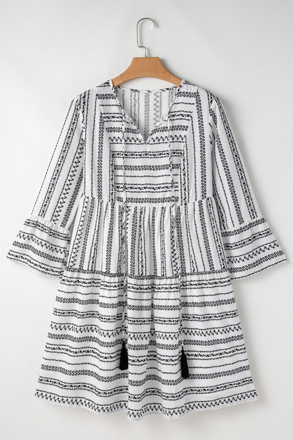 V Neck Mini Dress with Bell Sleeves and Striped Print Mini Dresses MyDresses 