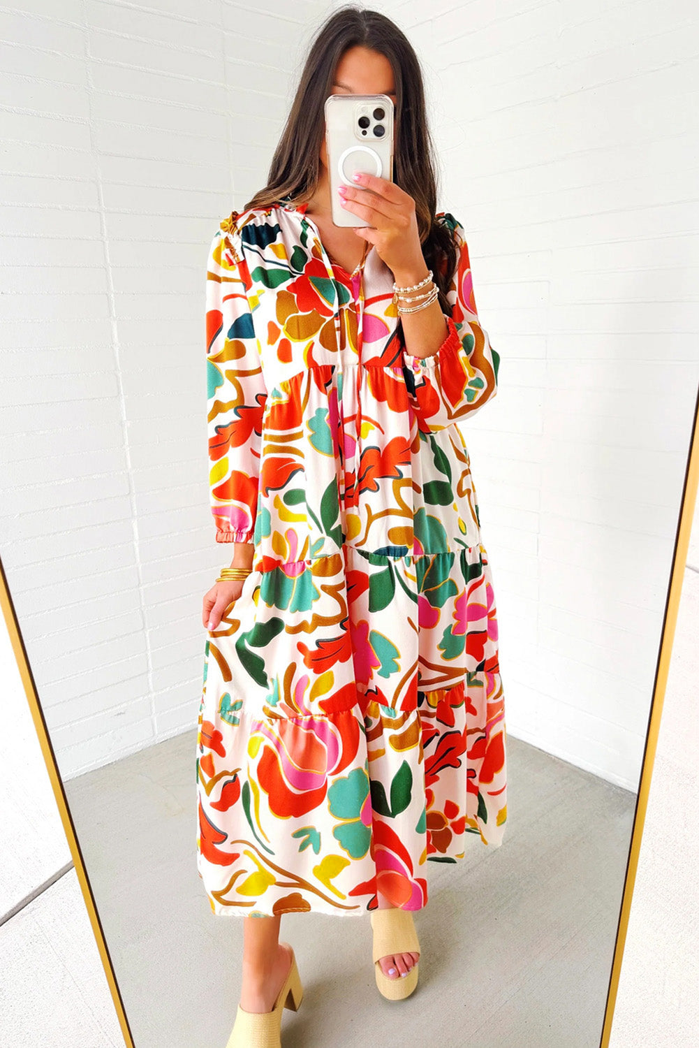 Floral Print Maxi Dress with Split V Neck and Tiered Design Maxi Dresses MyDresses 
