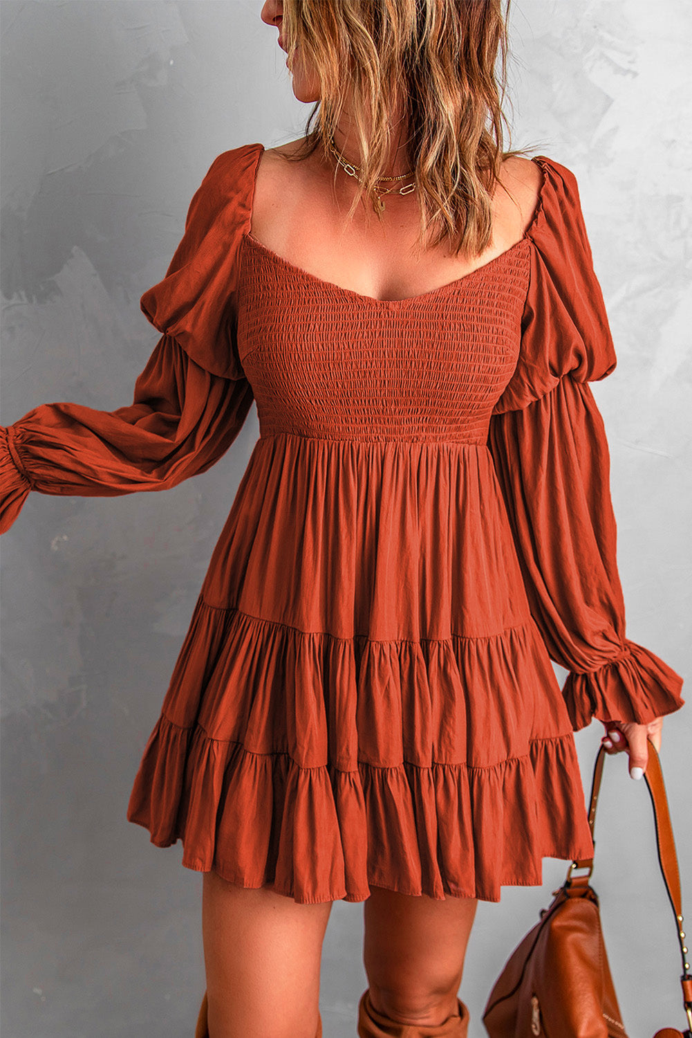 Black Boho Solid Shirred Ruffle Mini Dress Mini Dresses MyDresses