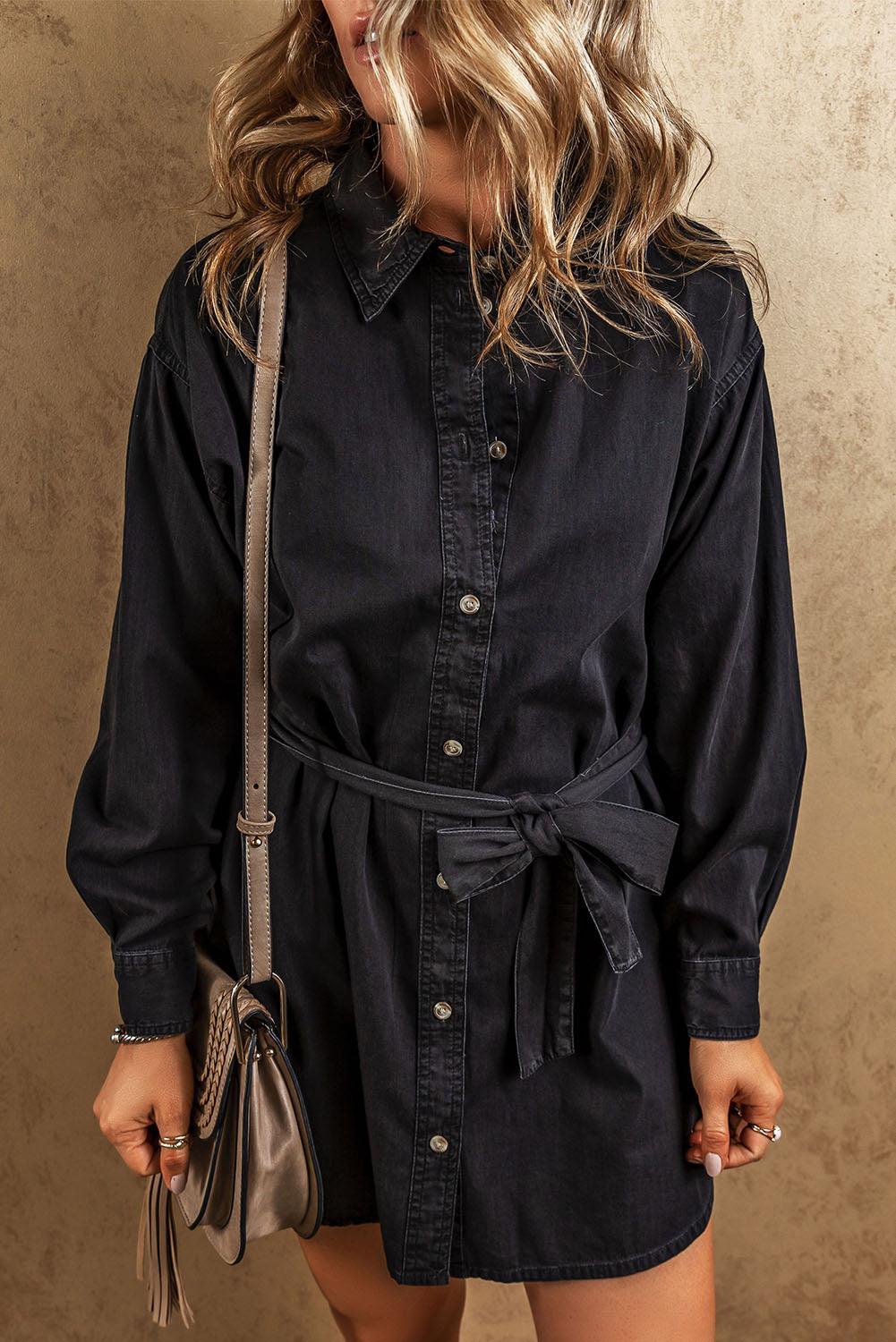 Belted Button-Up Denim Shirt Dress Mini Dresses MyDresses 