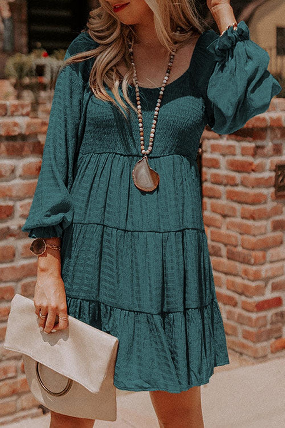 Bishop Sleeve Smocked Tiered Mini Dress Mini Dresses MyDresses Mist Green 8 | S 