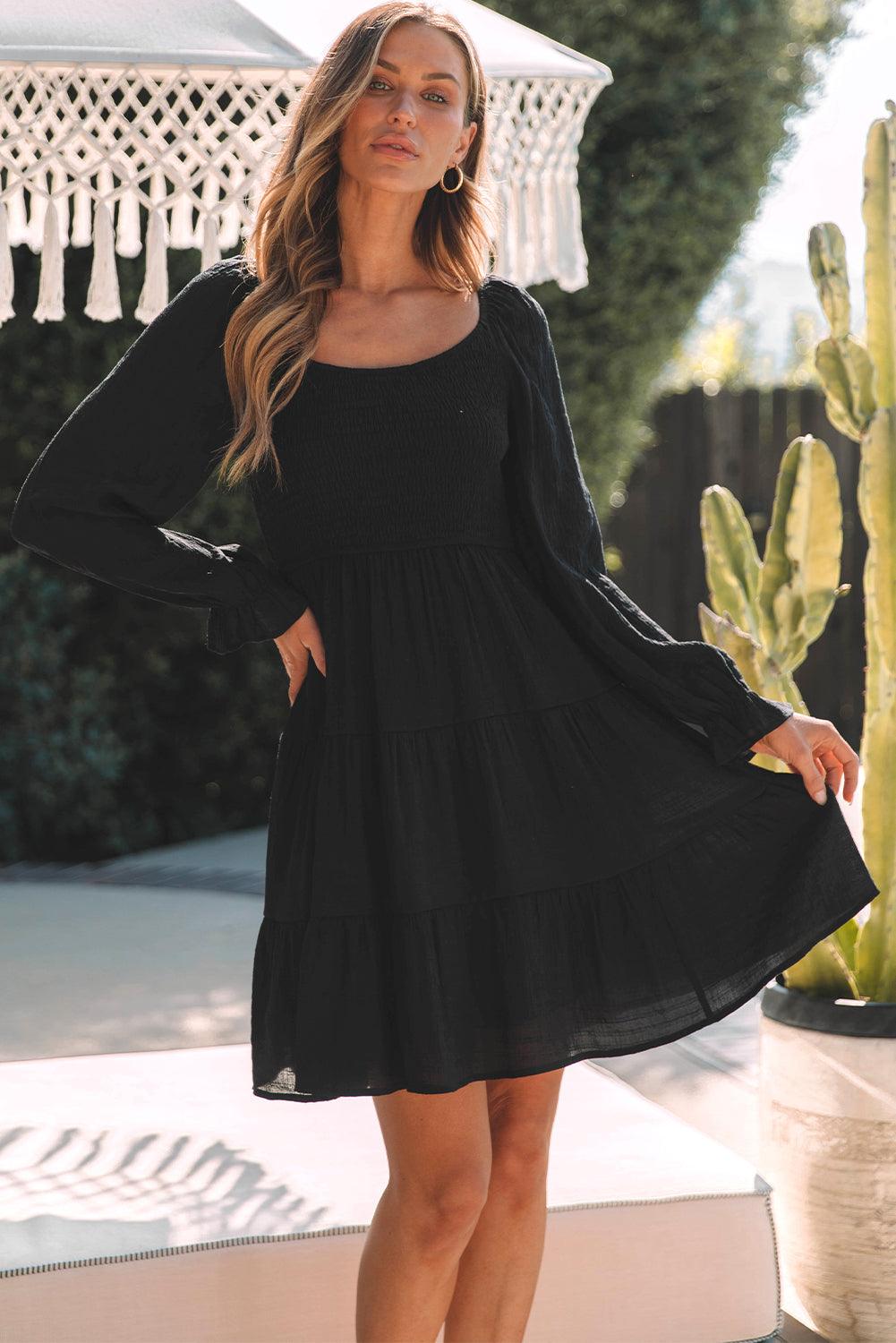 Bishop Sleeve Smocked Tiered Mini Dress Mini Dresses MyDresses 