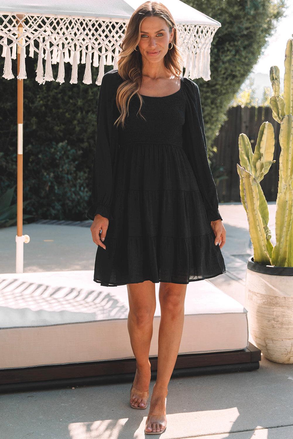 Bishop Sleeve Smocked Tiered Mini Dress Mini Dresses MyDresses 
