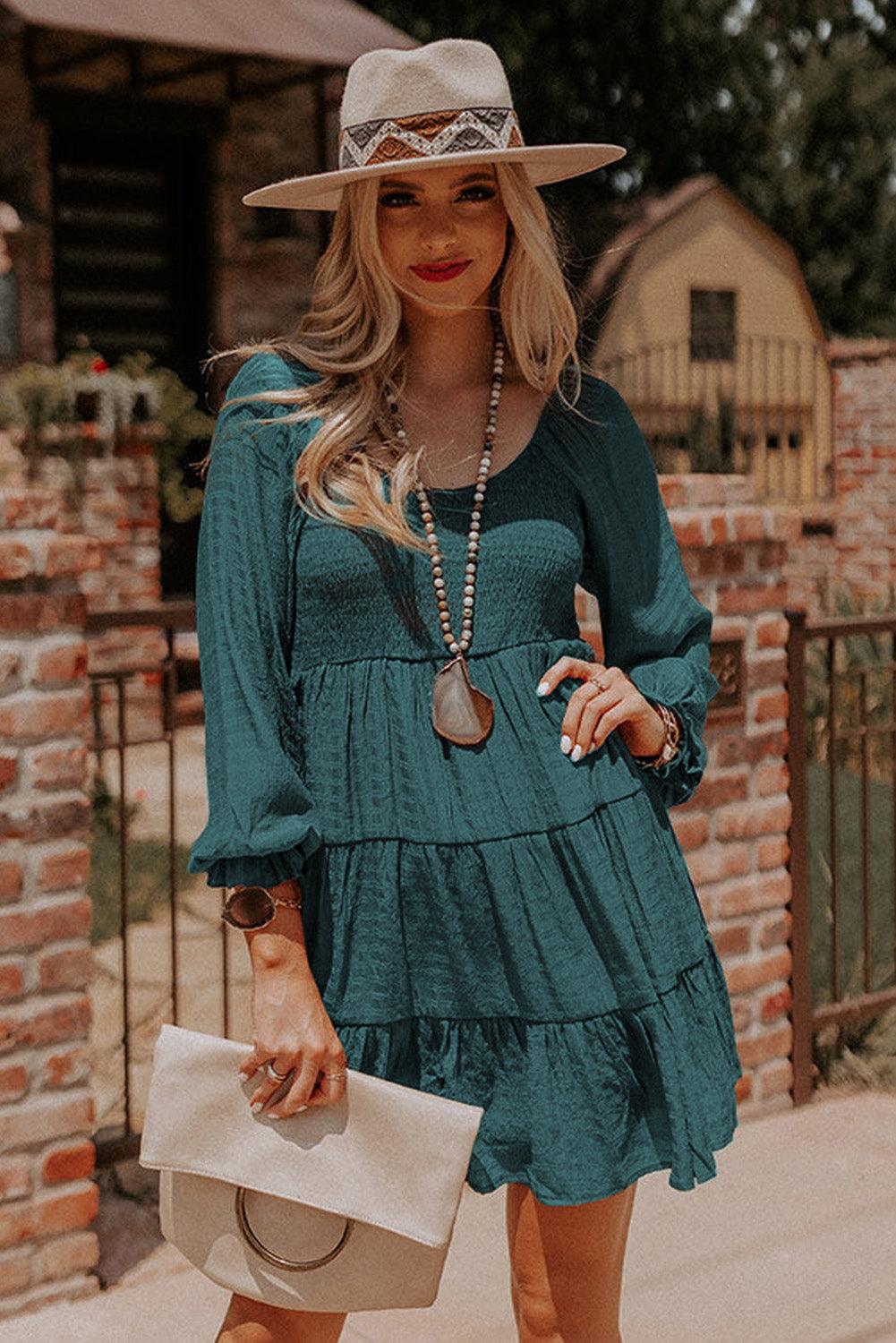 Bishop Sleeve Smocked Tiered Mini Dress Mini Dresses MyDresses 