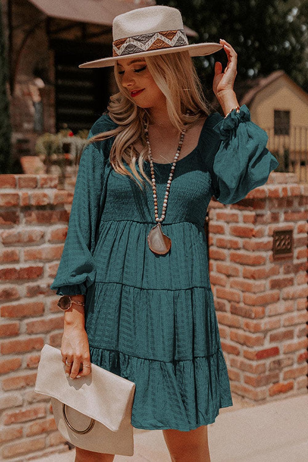 Bishop Sleeve Smocked Tiered Mini Dress Mini Dresses MyDresses 