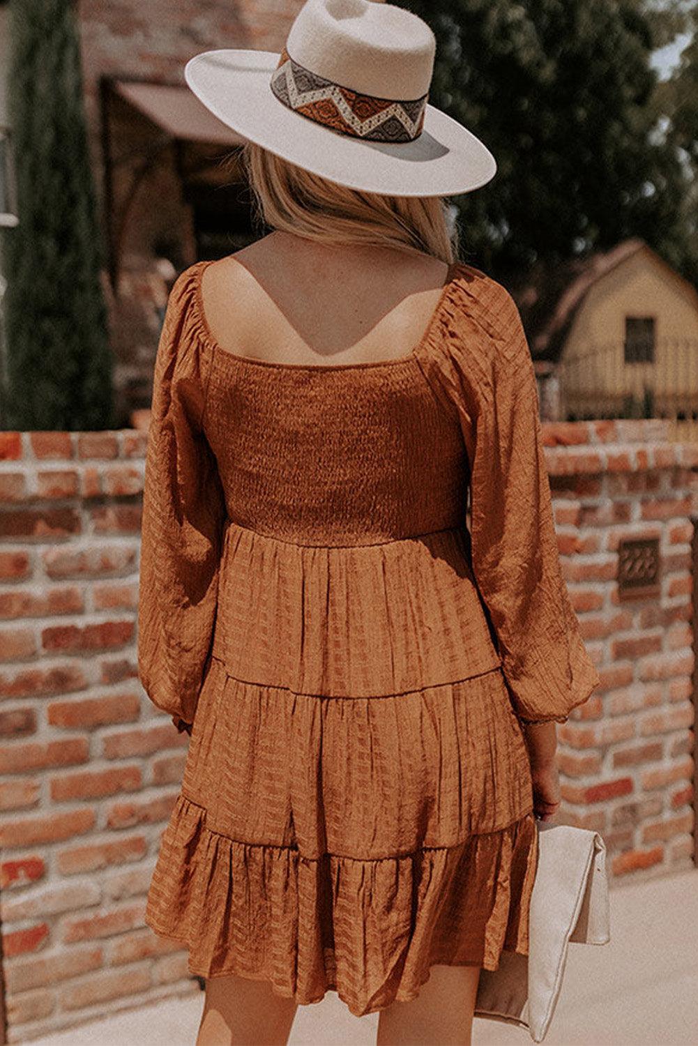Bishop Sleeve Smocked Tiered Mini Dress Mini Dresses MyDresses 