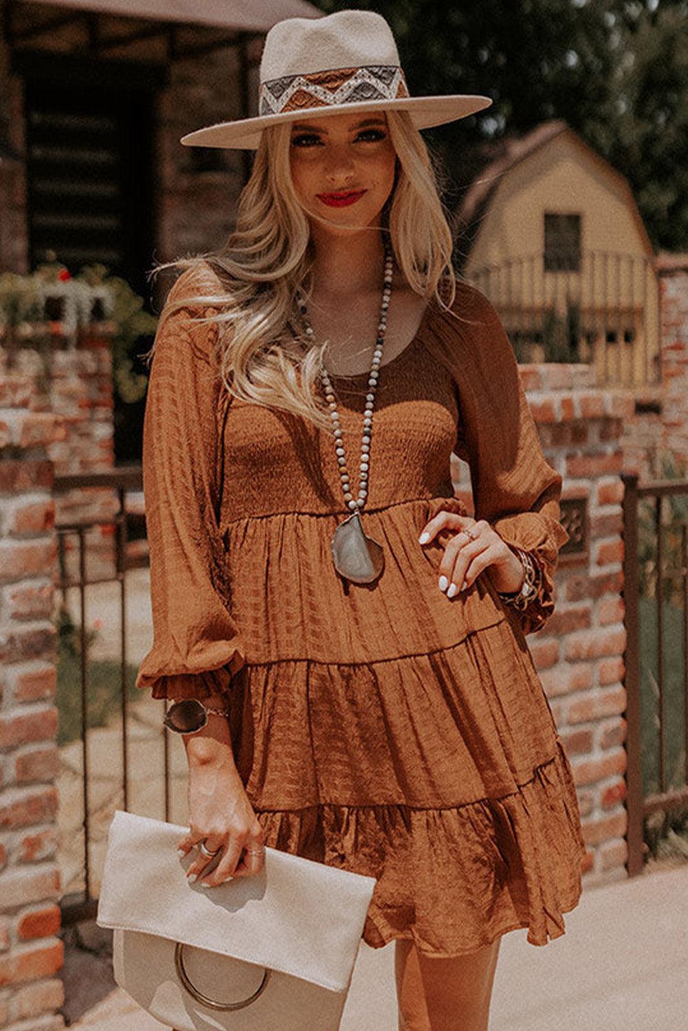 Bishop Sleeve Smocked Tiered Mini Dress Mini Dresses MyDresses 