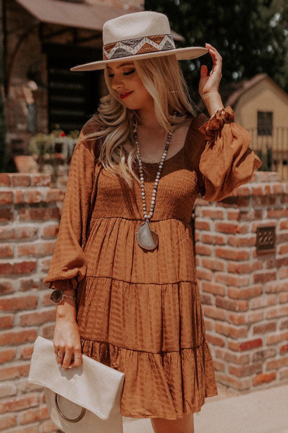 Bishop Sleeve Smocked Tiered Mini Dress Mini Dresses MyDresses 