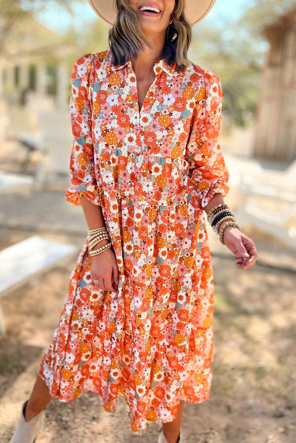 Boho Floral Long Sleeve Ruffle Collared Dress Maxi Dresses MyDresses Multicolor 8 | S 