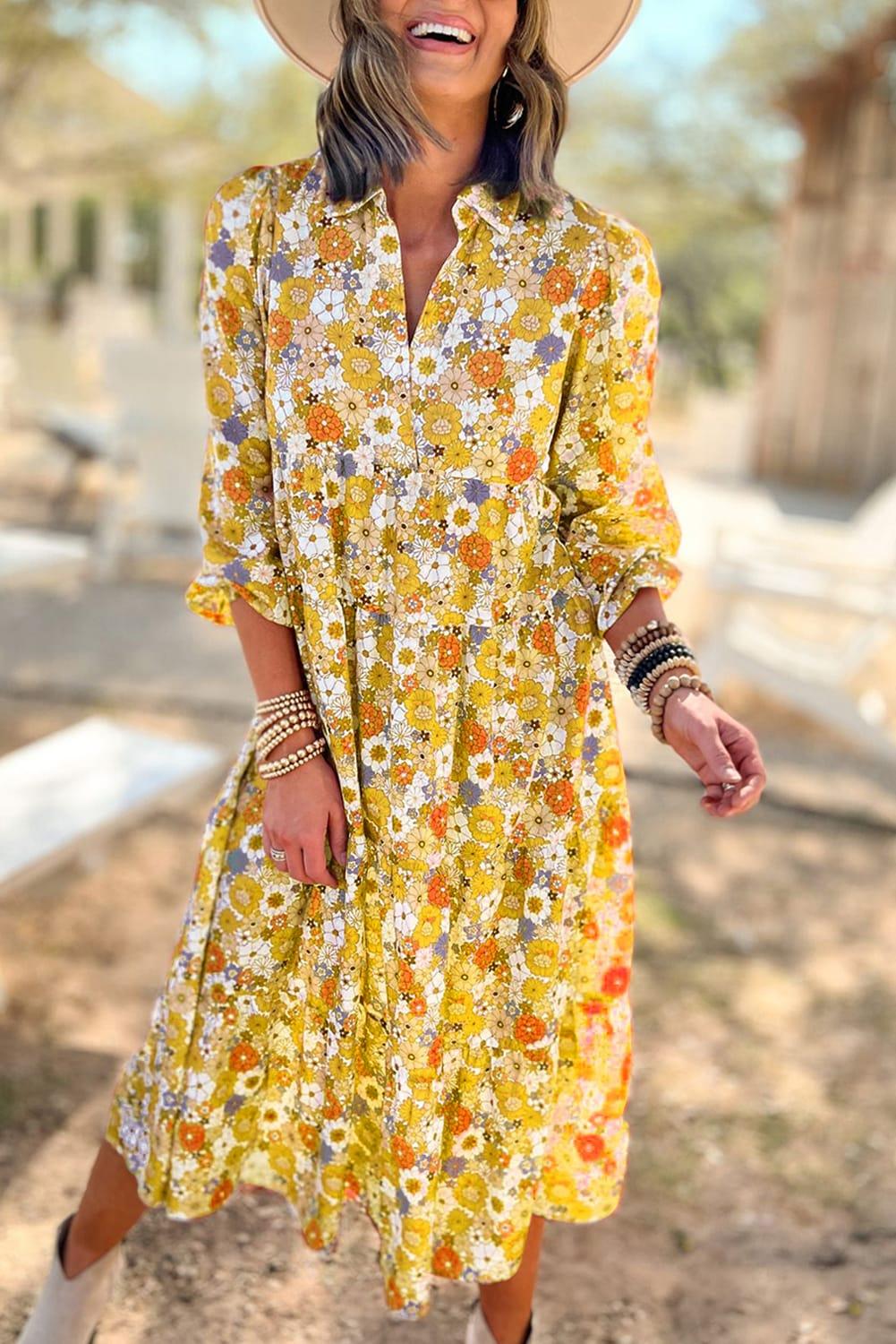 Boho Floral Long Sleeve Ruffle Collared Dress Maxi Dresses MyDresses Yellow 8 | S 