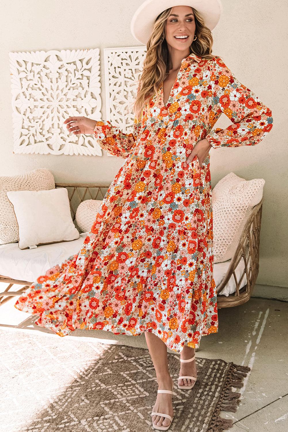 Boho Floral Long Sleeve Ruffle Collared Dress Maxi Dresses MyDresses 