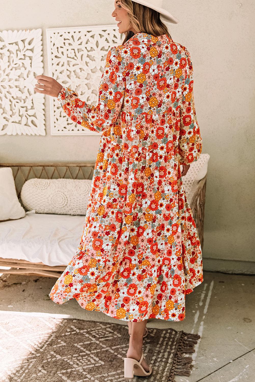 Boho Floral Long Sleeve Ruffle Collared Dress Maxi Dresses MyDresses 