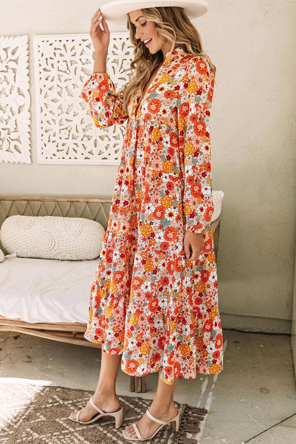 Boho Floral Long Sleeve Ruffle Collared Dress Maxi Dresses MyDresses 