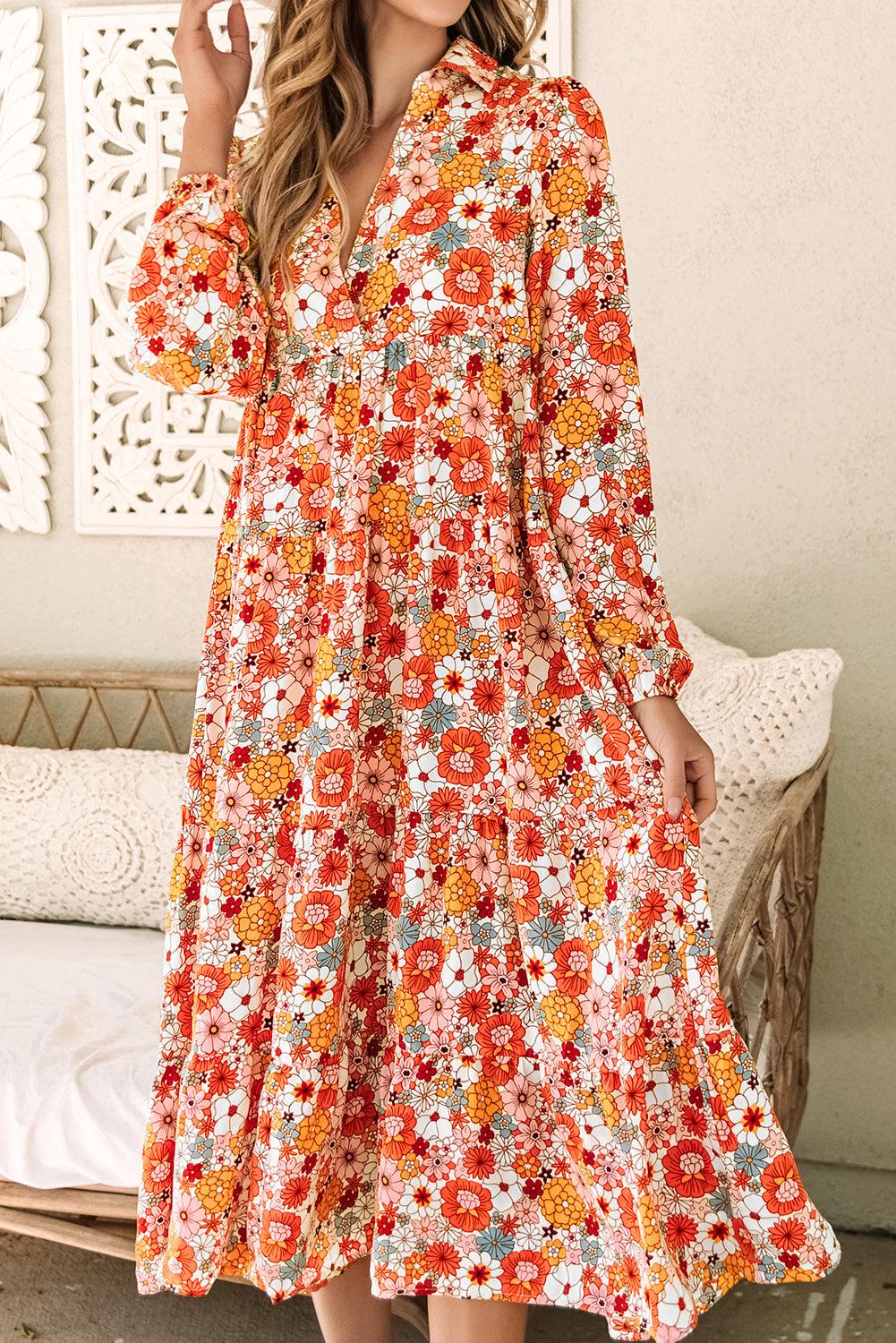 Boho Floral Long Sleeve Ruffle Collared Dress Maxi Dresses MyDresses 