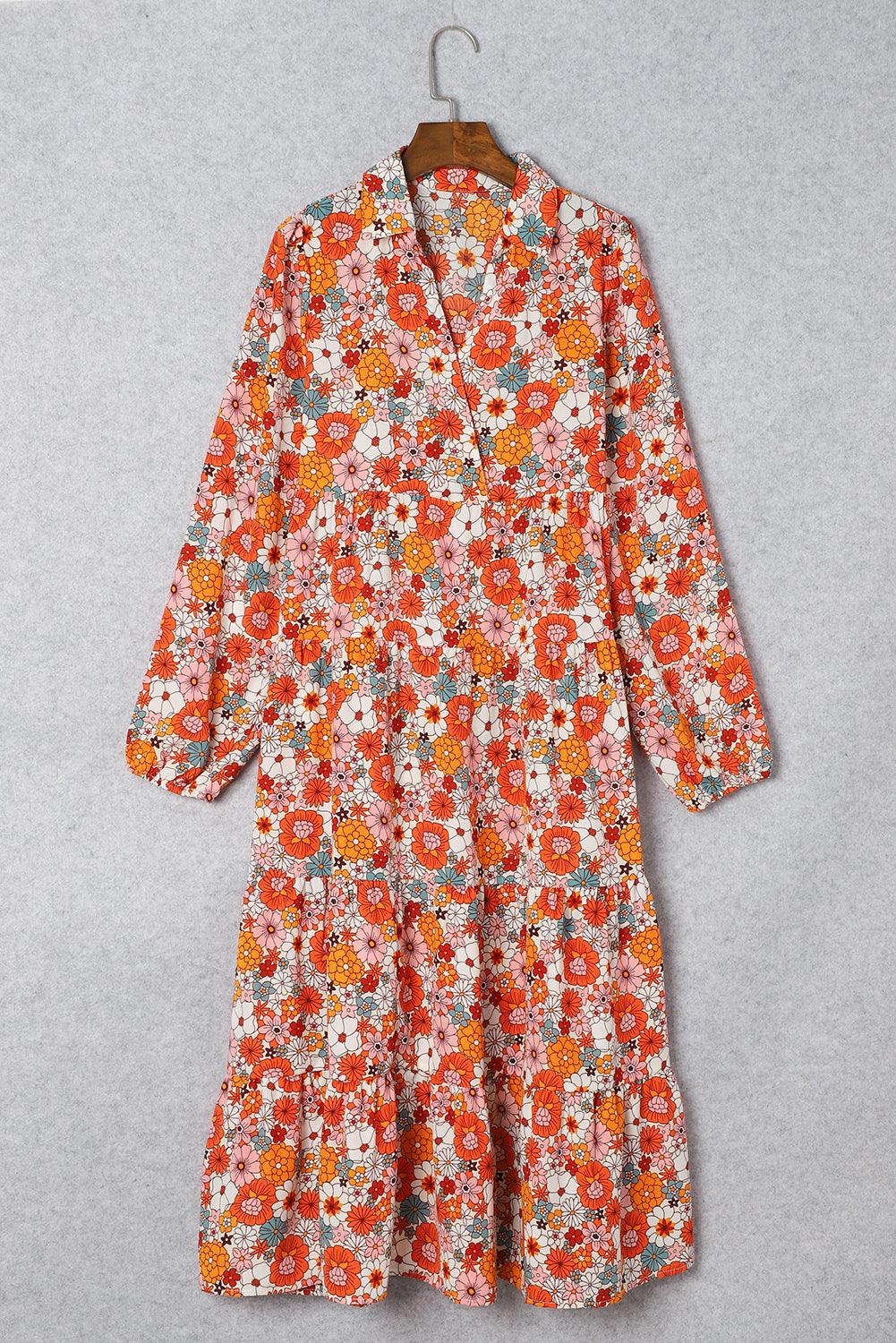 Boho Floral Long Sleeve Ruffle Collared Dress Maxi Dresses MyDresses 
