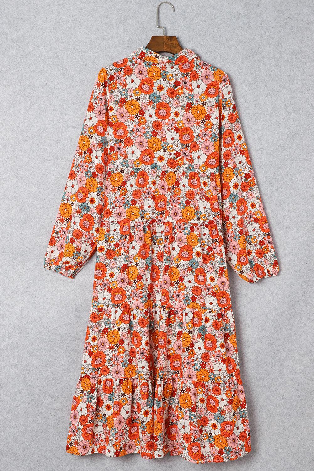 Boho Floral Long Sleeve Ruffle Collared Dress Maxi Dresses MyDresses 