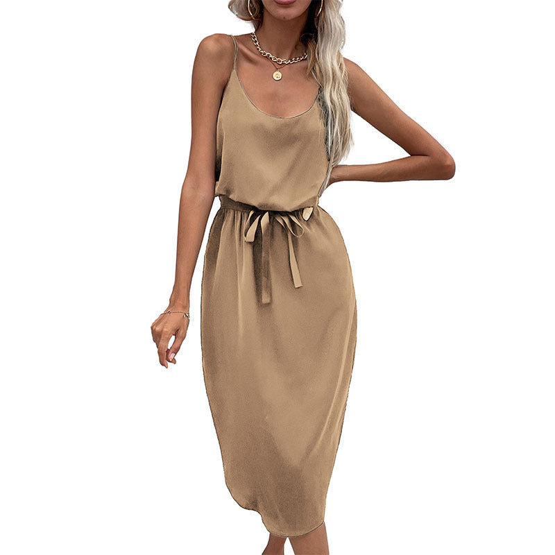 Spaghetti Strap Midi Dress with Belted Waist and Scoop Neckline Group2 MyDresses Khaki 8 | S