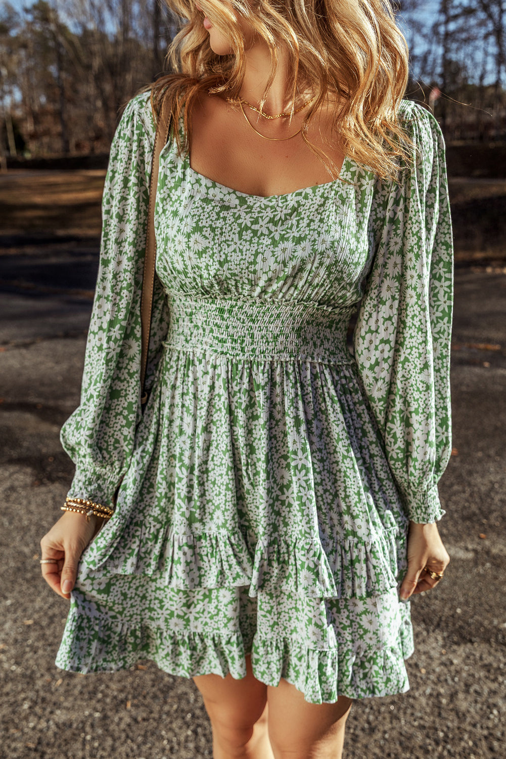 Floral Print Mini Dress with Shirred Waist and Tiered Ruffles Floral Dresses MyDresses 