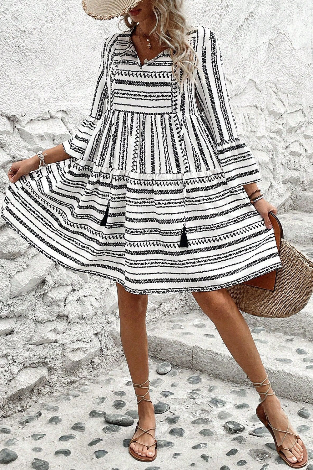 V Neck Mini Dress with Bell Sleeves and Striped Print Mini Dresses MyDresses 