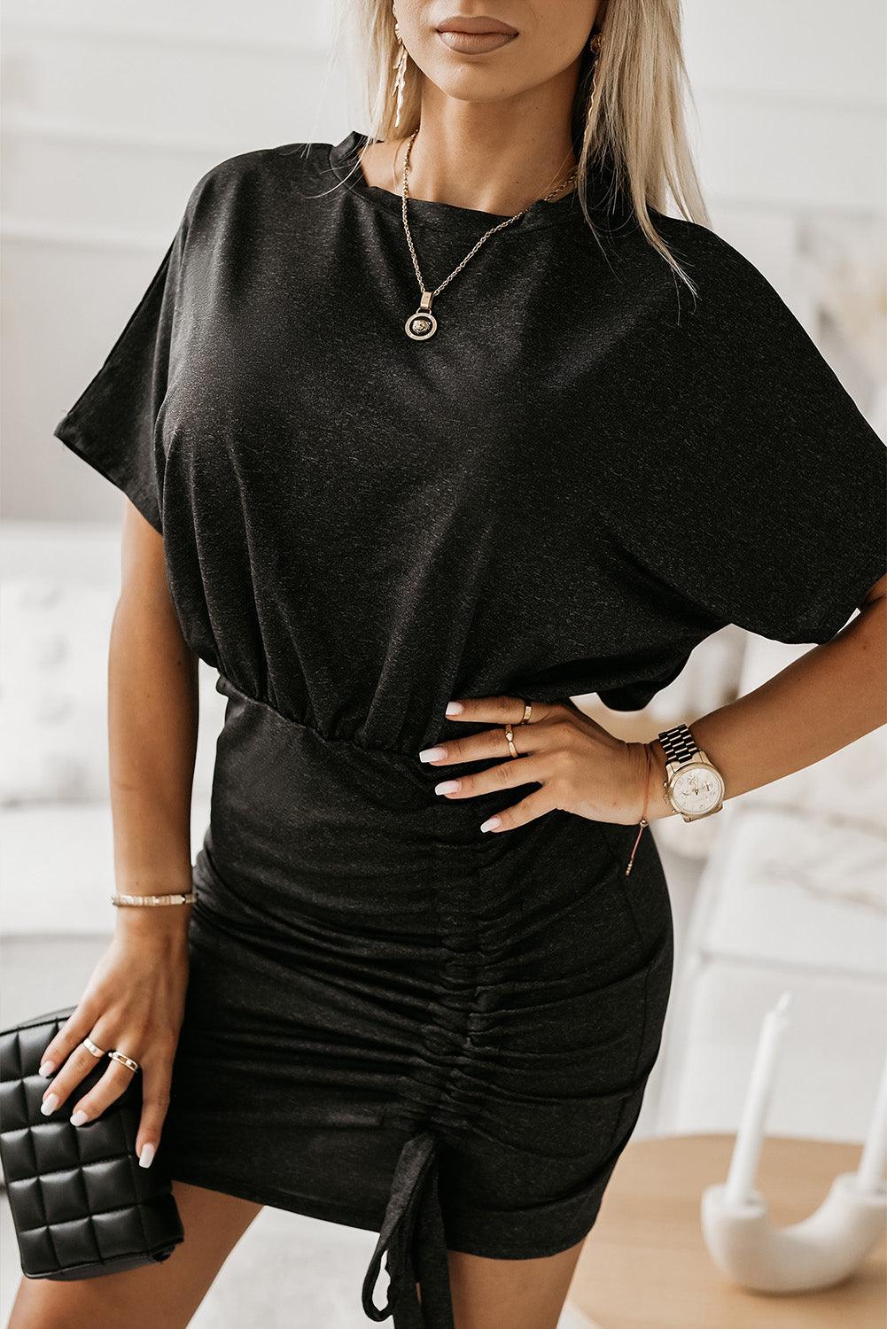 Casual Crew Neck Ruched Mini Dress Mini Dresses MyDresses Black 8 | S 