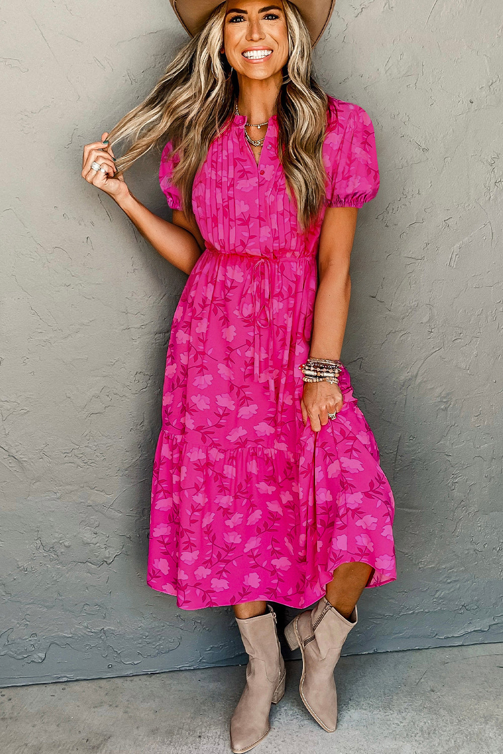 Floral Print Pleated Drawstring Midi Dress Midi Dresses MyDresses 