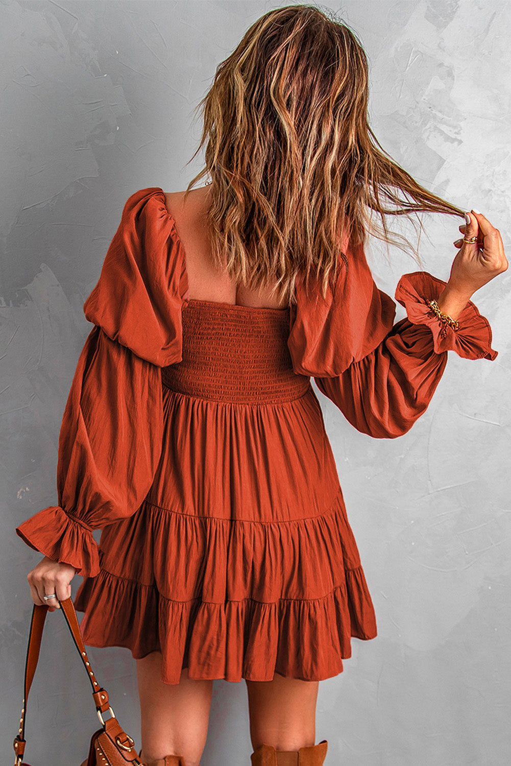 Black Boho Solid Shirred Ruffle Mini Dress Mini Dresses MyDresses