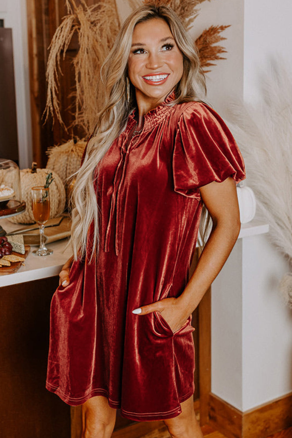Velvet Mini Dress with Smocked Neckline and Puff Sleeves Mini Dresses MyDresses 