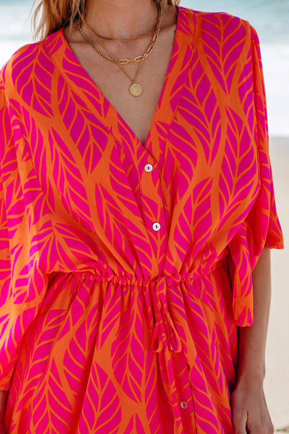 Leafy Print Maxi Dress with V Neck and Buttoned Split Maxi Dresses MyDresses 
