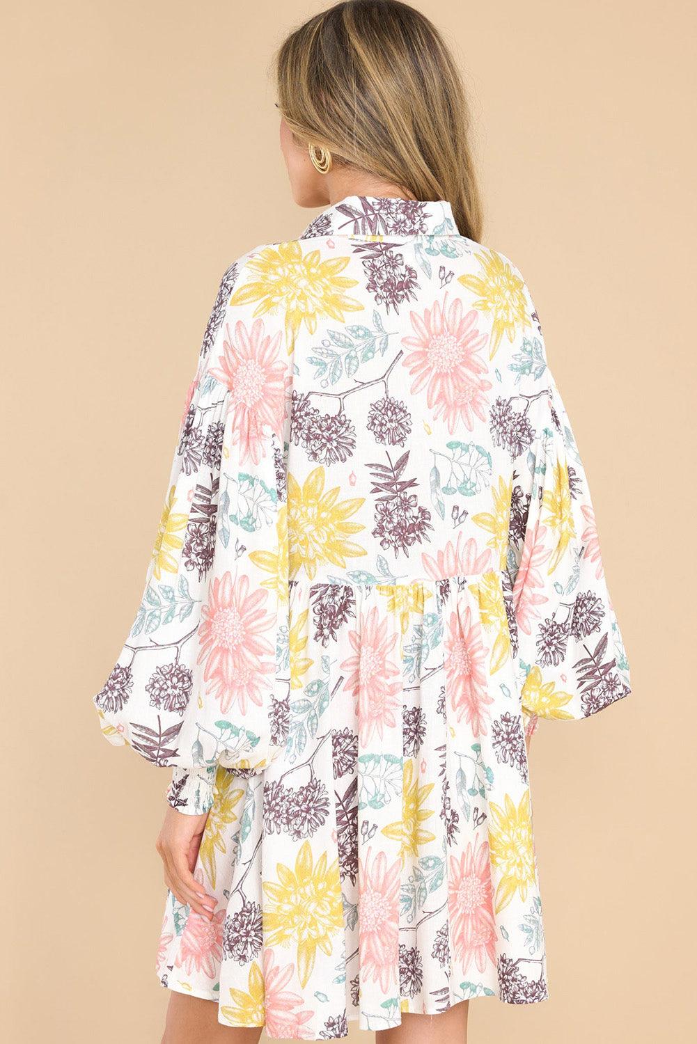 Collared Neck Bubble Sleeve Floral Midi Dress Mini Dresses MyDresses 