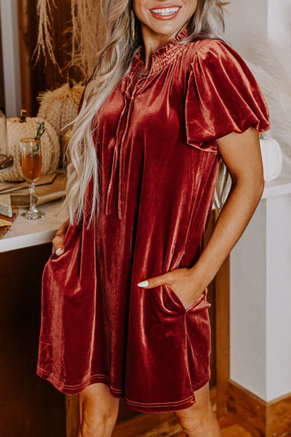 Velvet Mini Dress with Smocked Neckline and Puff Sleeves Mini Dresses MyDresses Brown 8 | S 
