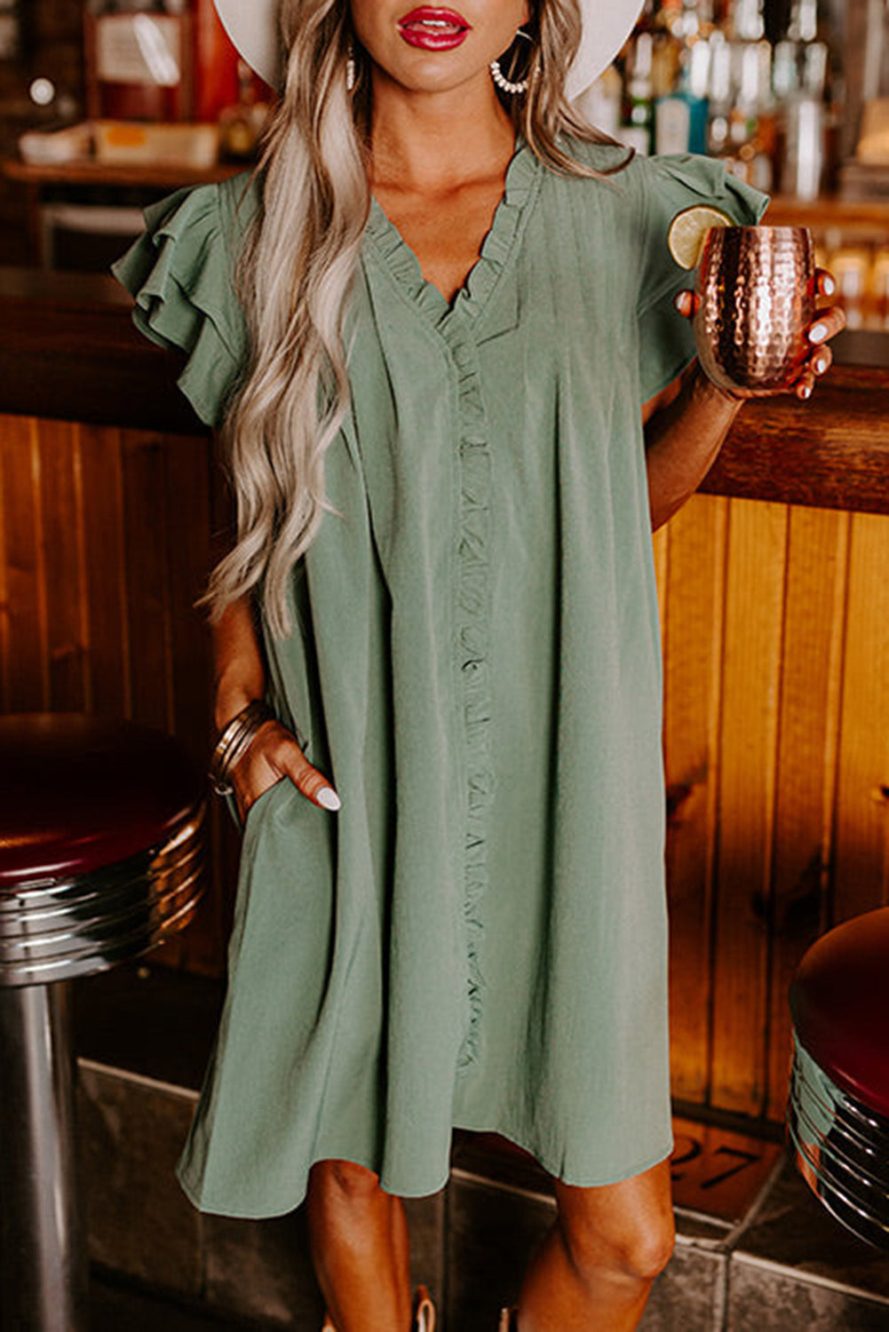 V Neck Ruffle Sleeve Frilled Shift Dress Mini Dresses MyDresses Mist Green 8 | S 