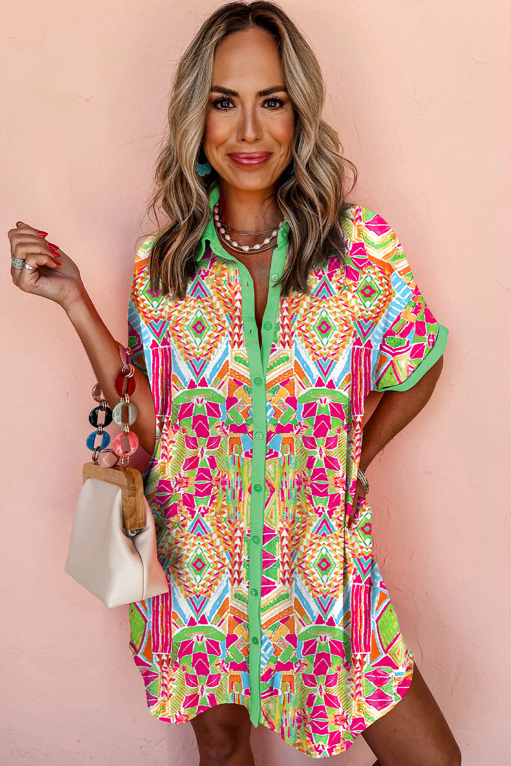 Geometric Print Button-Down Shirt Dress with Contrast Trim Mini Dresses MyDresses 
