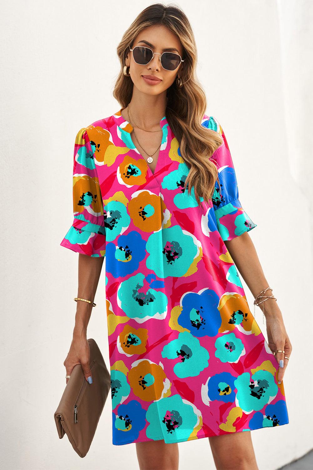 V-Neck Ruffle Sleeve Floral Shift Dress Mini Dresses MyDresses 