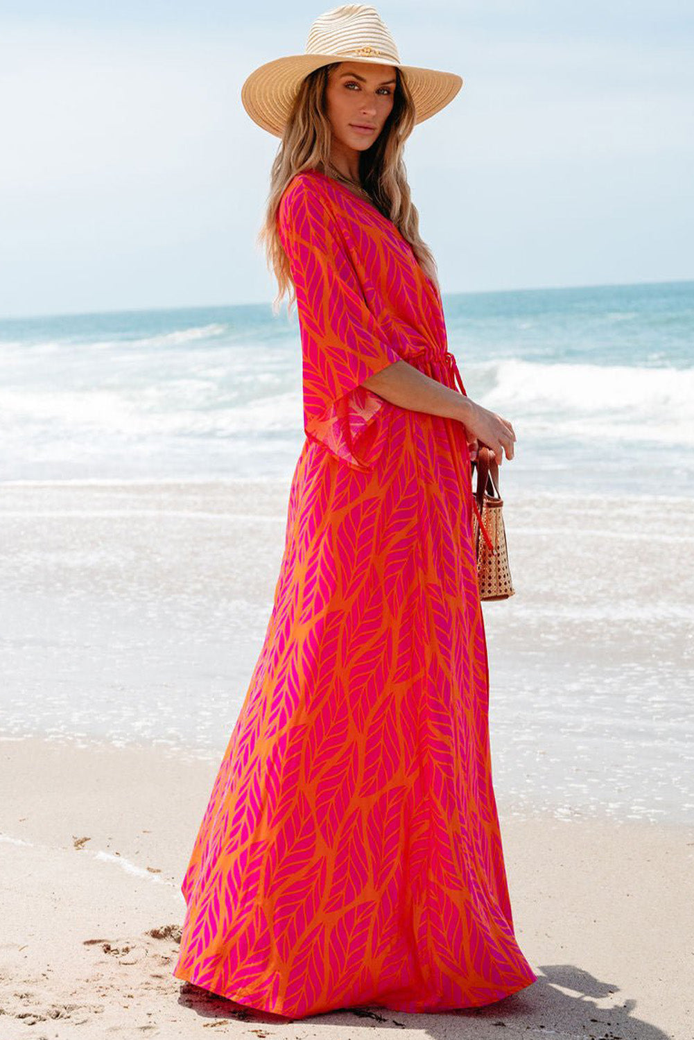 Leafy Print Maxi Dress with V Neck and Buttoned Split Maxi Dresses MyDresses 