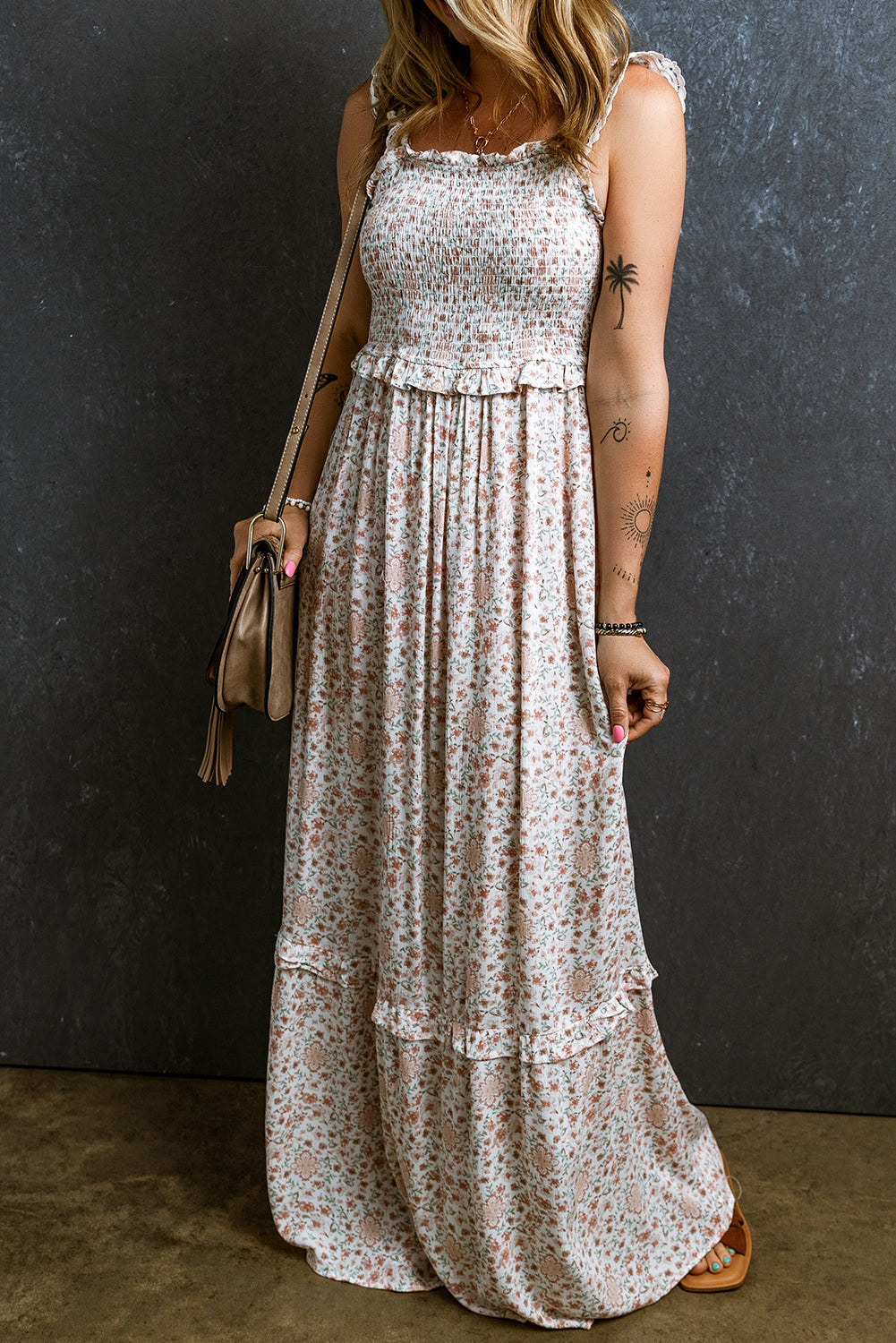 Lace Strap Shirred Floral Maxi Dress Maxi Dresses MyDresses White S 