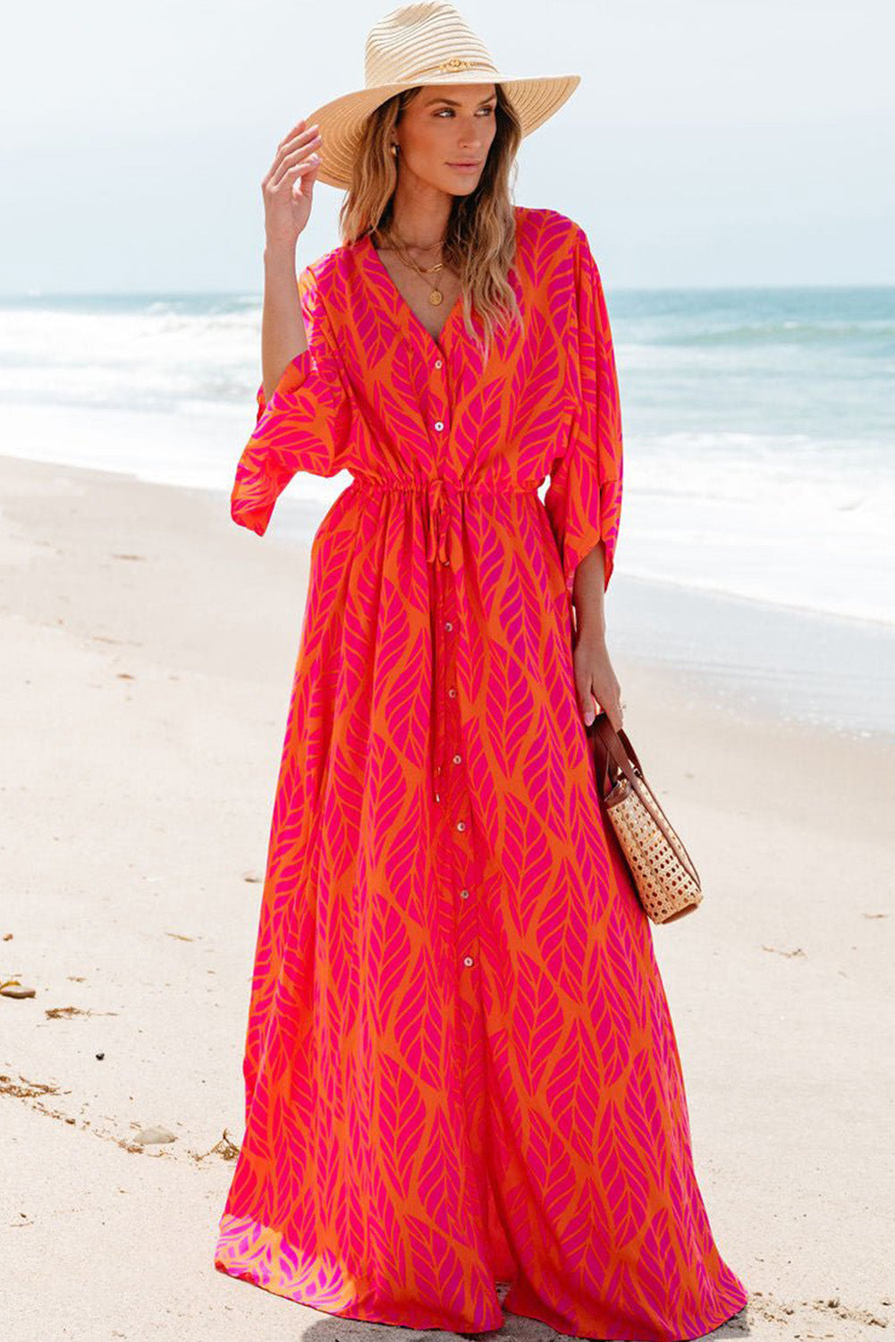 Leafy Print Maxi Dress with V Neck and Buttoned Split Maxi Dresses MyDresses 