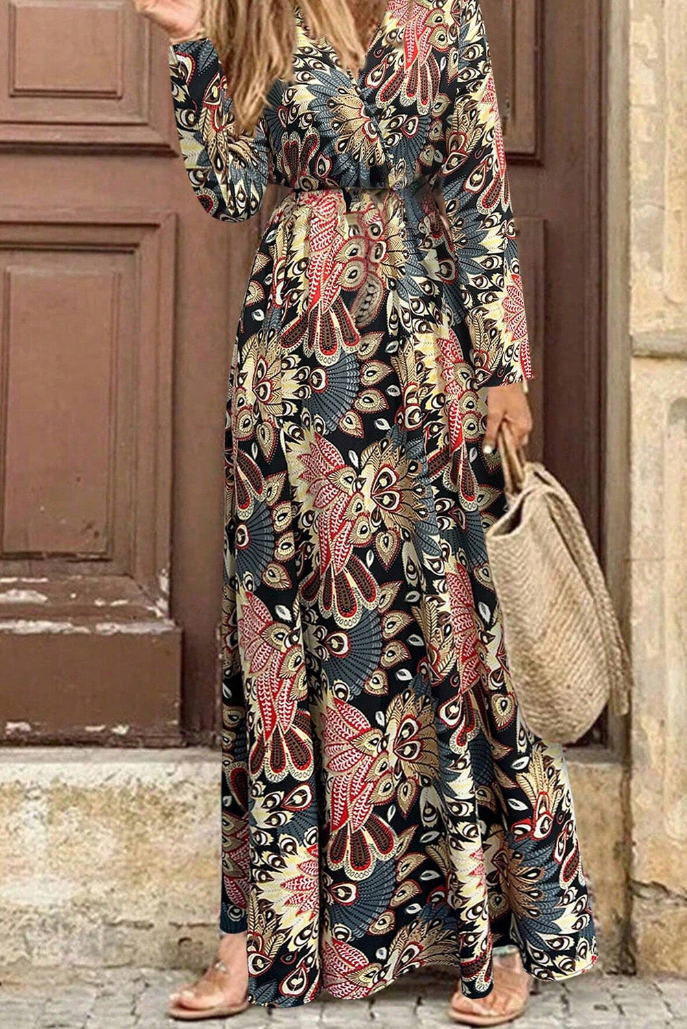 Floral Print Maxi Dress with V Neck Wrap and High Waist Maxi Dresses MyDresses 