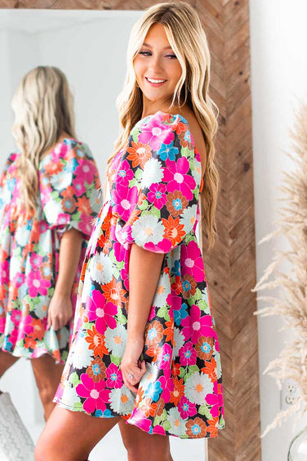 Floral Print Dress with Puff Sleeves and Square Neck Floral Dresses MyDresses 