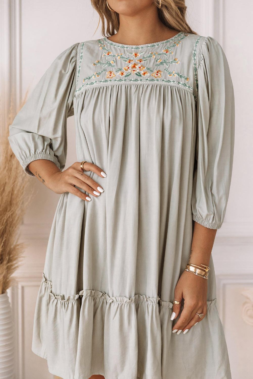 Embroidered Babydoll Dress with Long Sleeves Mini Dresses MyDresses 