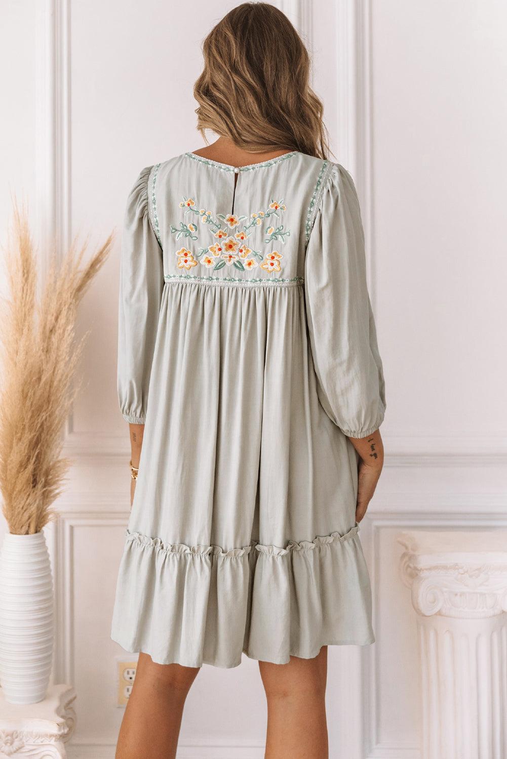 Embroidered Babydoll Dress with Long Sleeves Mini Dresses MyDresses 
