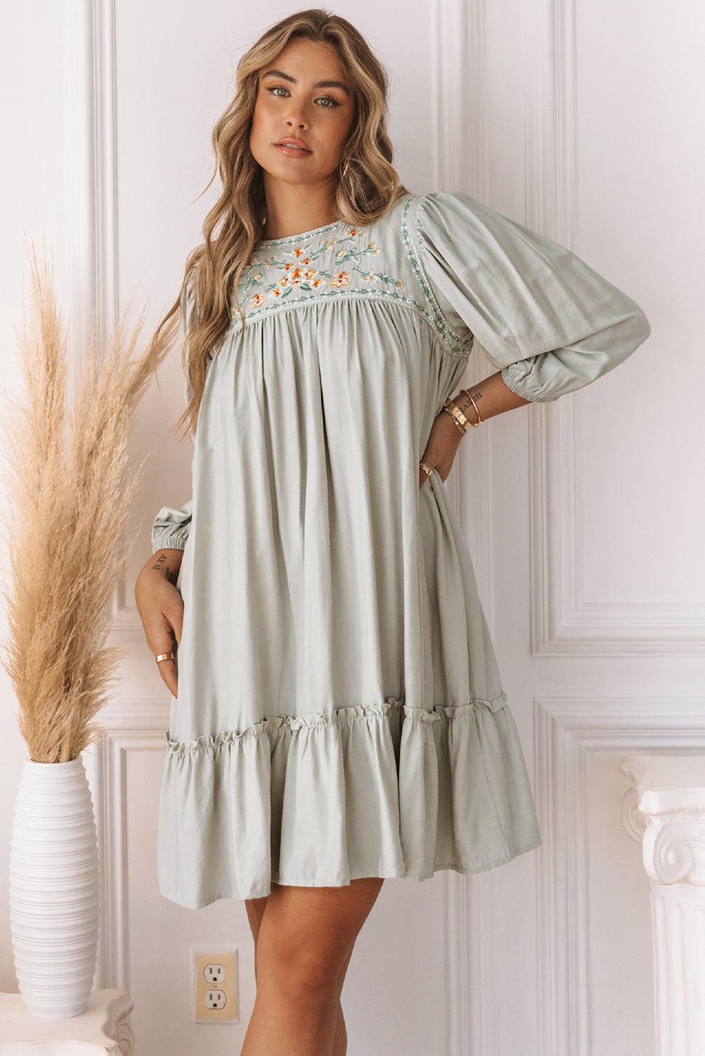 Embroidered Babydoll Dress with Long Sleeves Mini Dresses MyDresses 