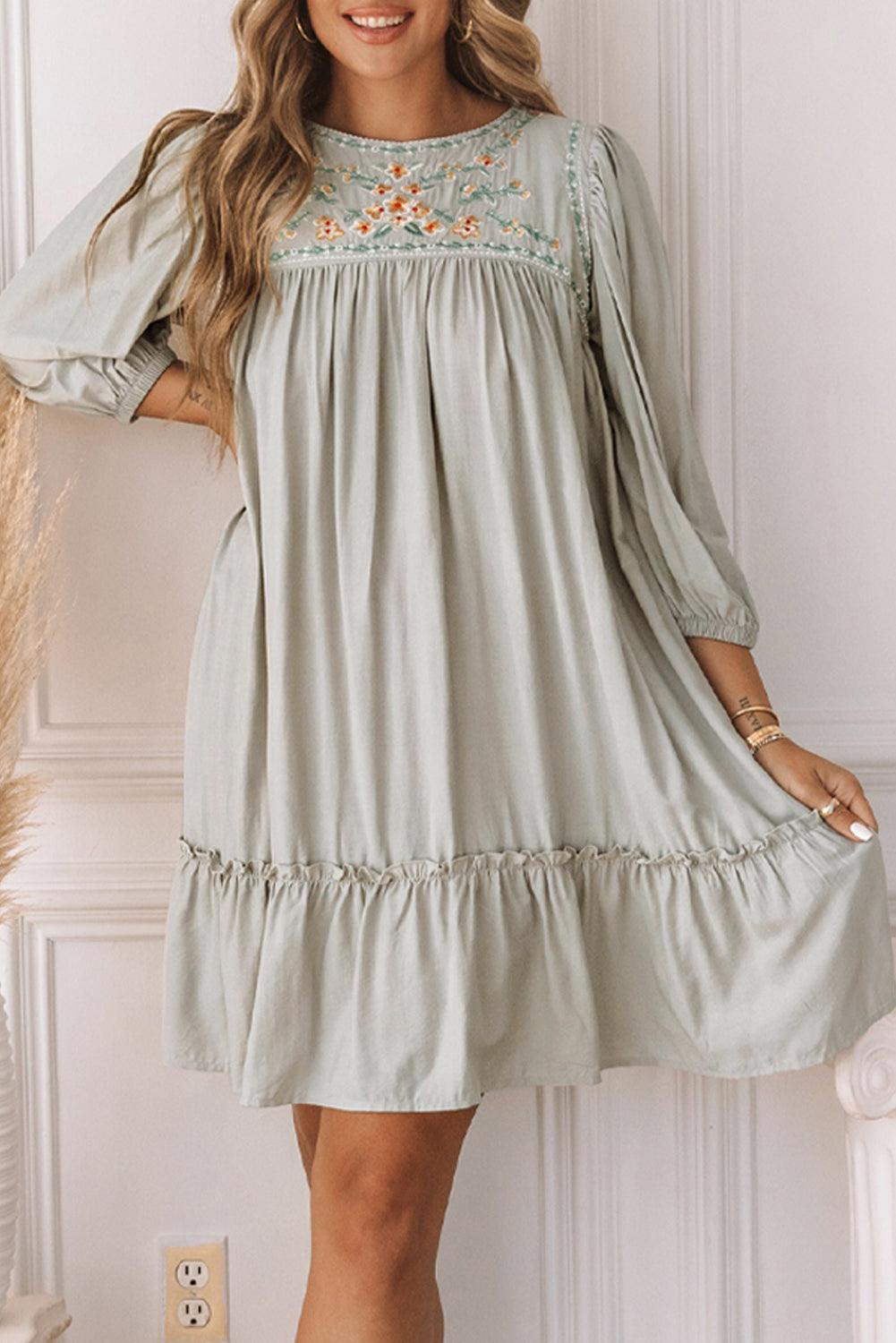 Embroidered Babydoll Dress with Long Sleeves Mini Dresses MyDresses Grey 8 | S 