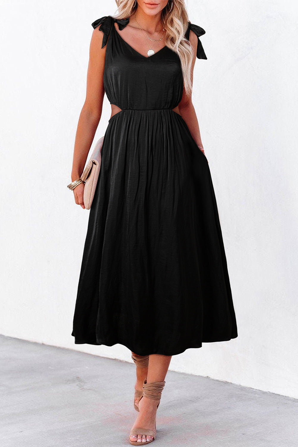 Empire Waist Dress with Tied Straps and Cut-Out Maxi Dresses MyDresses Black 8 | S 