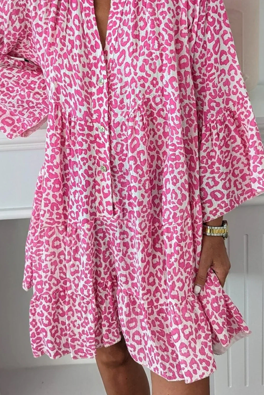 Leopard Print Mini Dress with Buttoned Front and Tiered Design Mini Dresses MyDresses 
