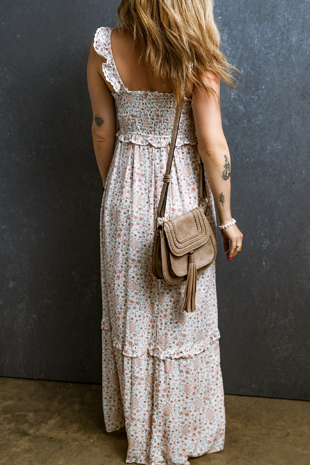 Lace Strap Shirred Floral Maxi Dress Maxi Dresses MyDresses 