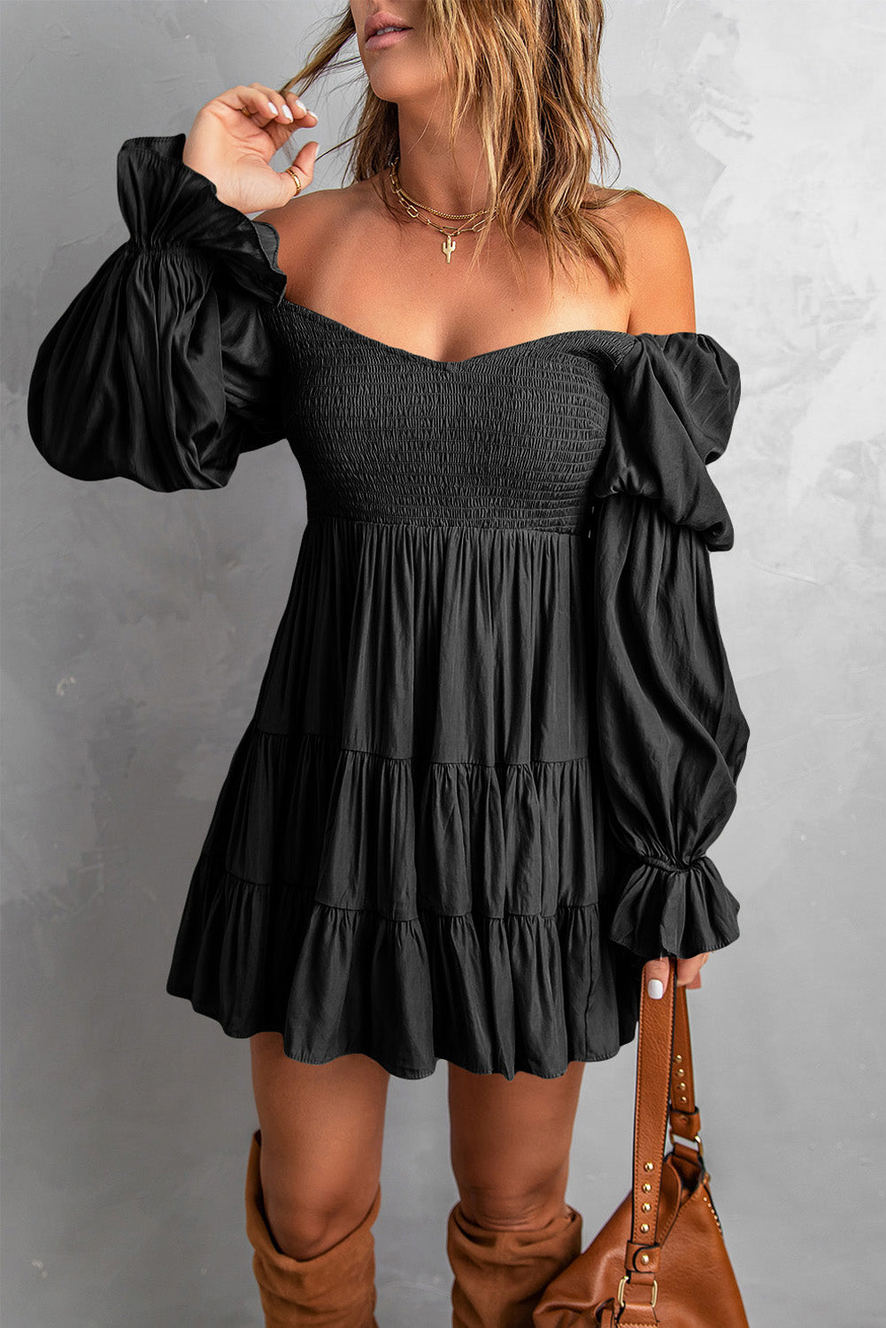 Black Boho Solid Shirred Ruffle Mini Dress Mini Dresses MyDresses Black 8 | S